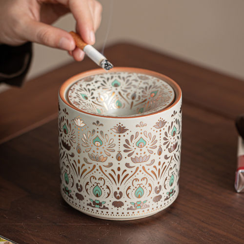 汝窑烟灰缸带盖防飞灰办公室烟盅家用客厅中式轻奢高档漏斗式烟缸