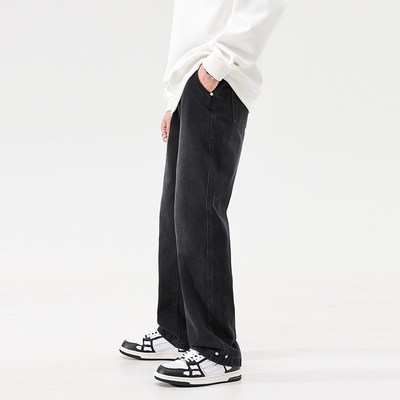 JFU 复古黑色牛仔裤阔腿裤男秋冬季宽松直筒裤2024新款长裤子男
