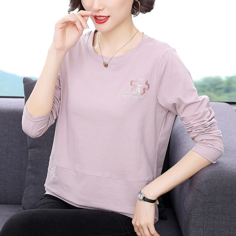 妈妈春秋装2024新款秋衣外穿纯棉长袖t恤女大码上衣中老年打底衫