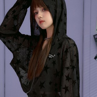 SagiDolls少女斗志 千禧酷辣带帽黑色星星透气罩衫防晒卫衣外套帅