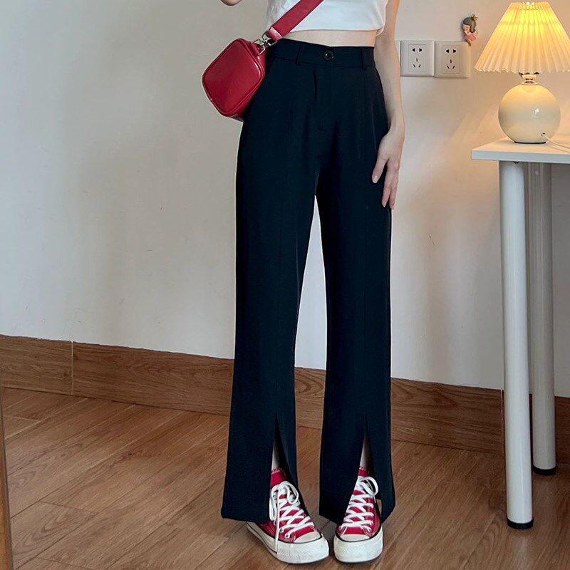 大码胖mm开叉微喇高腰显瘦窄版西裤女夏季薄款休闲拖地阔腿西装裤