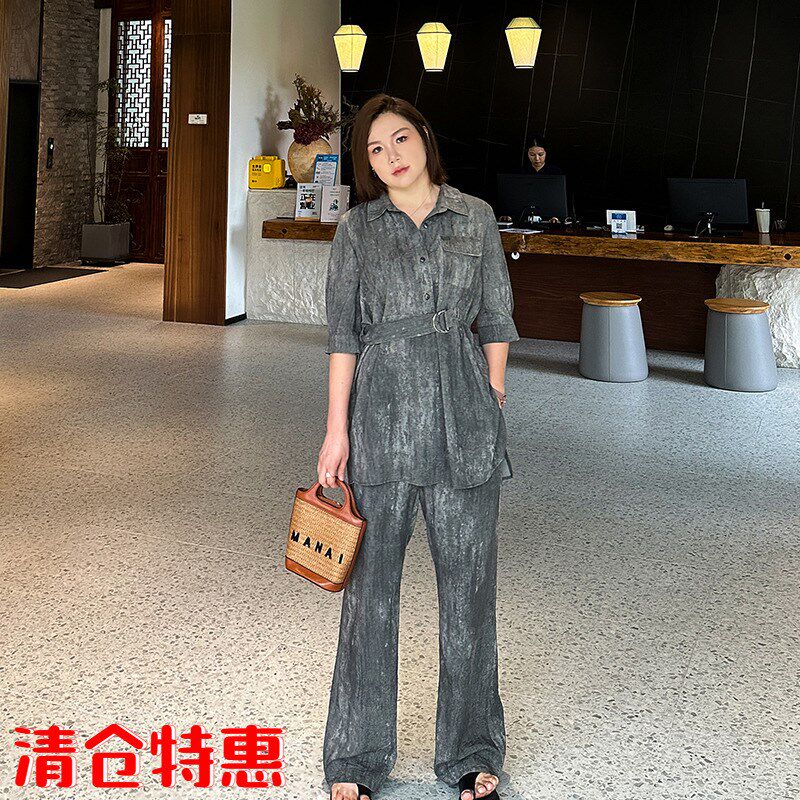 气场强大高级感大码套装女2024夏季款胖mm灰衬衫宽松阔腿裤两件套