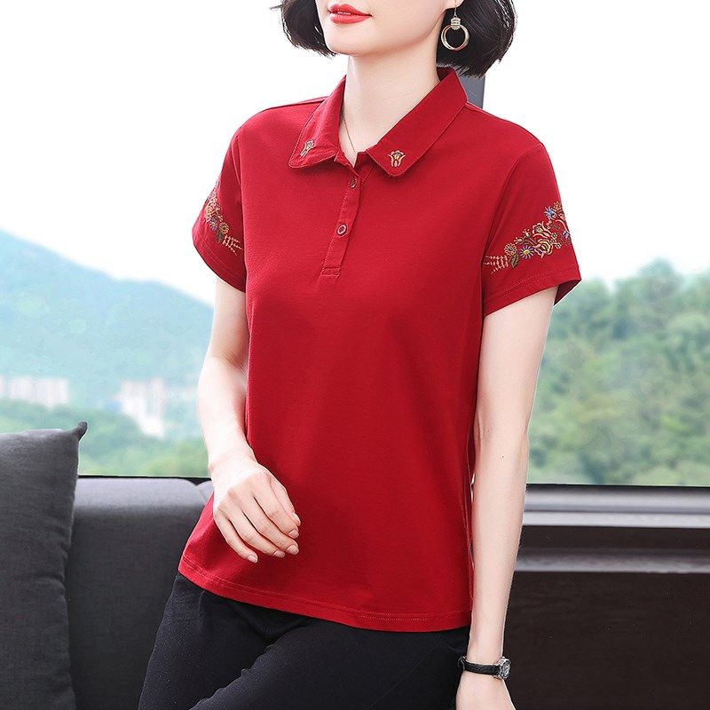 纯棉短袖t恤女妈妈夏装2024新款中老年人大码洋气上衣时尚polo衫