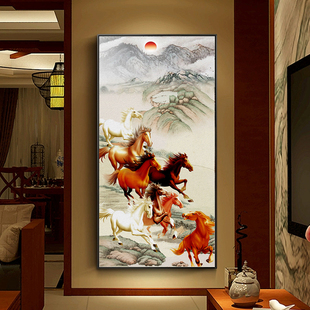 八骏图入户玄关装饰画竖版马到成功国画客厅骏马图走廊过道挂画马