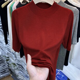 大码打底内搭上衣女春秋洋气毛衣中袖t恤女绿色潮薄款五分袖针织