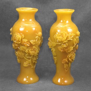 仿田黄石花开富贵瓶一对中式中号雅摆石雕原石山水工艺品家居摆件