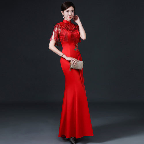 2021新款中国风鱼尾旗袍简单大方礼服裙女宴会红色舞台走秀演出服