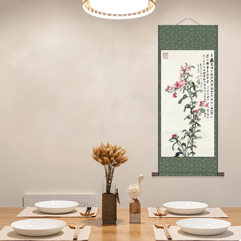 海棠花牡丹图丝绸画卷轴画九鱼图国画玄关装饰画绢画布艺挂画