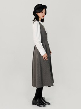 D-HARRY/迪哈利复古灰色浅咖色条纹连衣裙女中长裙子DH231J95859D