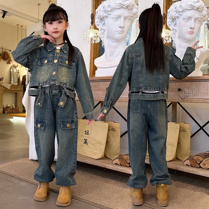 女童牛仔套装美式外套复古设计工装裤早秋穿搭时髦小女孩两件套潮