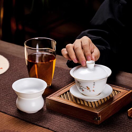 德化手绘素烧白瓷盖碗单个茶杯羊脂玉三才茶碗带盖高档泡茶套装