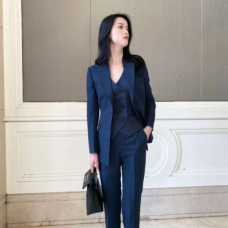 秋季新款青灰色三件套修身显瘦西装套装女西服外套职业时尚装