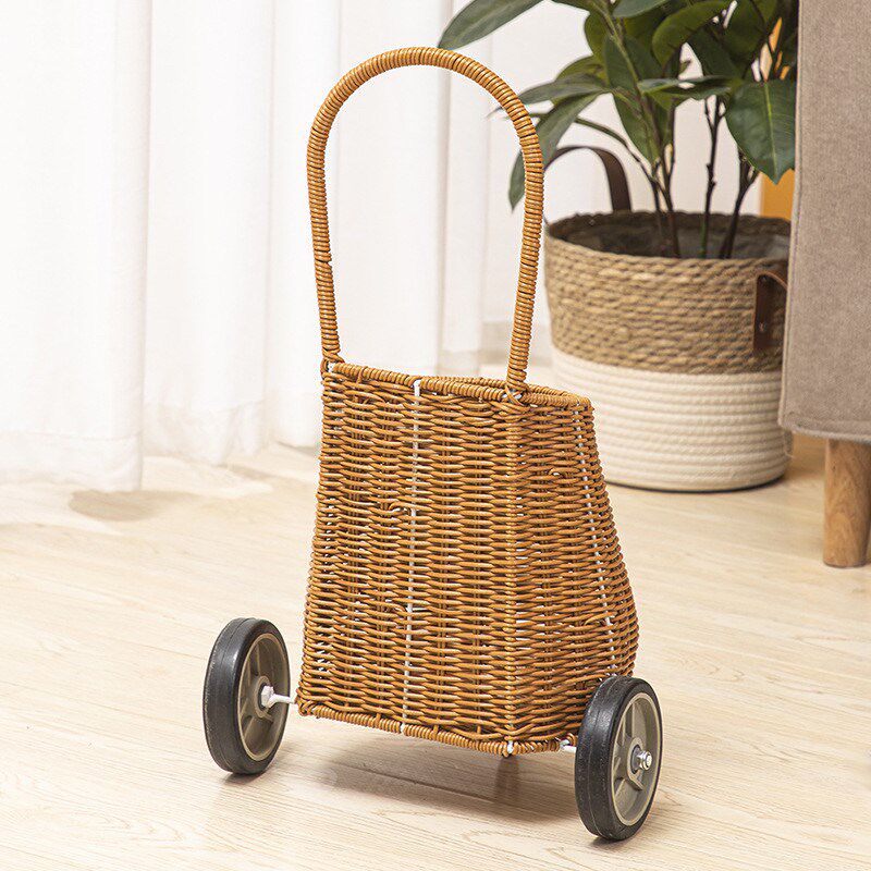 北欧风复古手工藤编花篮小推车儿童房间布置装饰拍照摆件影楼道具