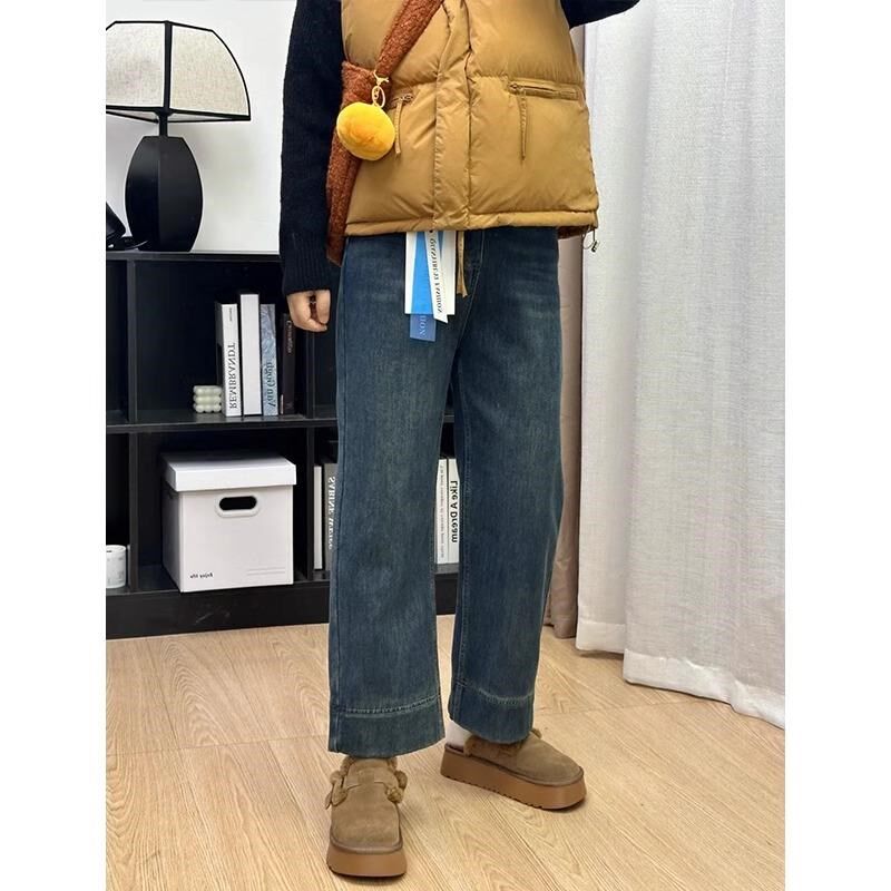 小个子加绒高腰直筒裤女秋冬大码胖mm九分牛仔裤显瘦遮胯烟管裤子