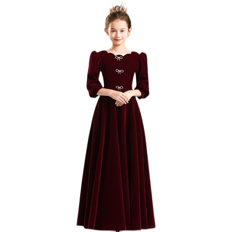 女童高端礼服红色花童公主裙洋气小女孩儿童主持人钢琴演出服冬季