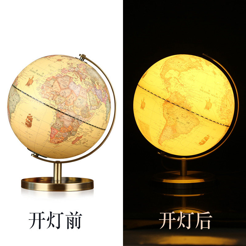 高清复古地球仪金属底座客厅办公桌3d立体悬浮摆件创意台灯床头灯