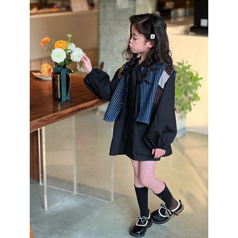 女童套装2024春季新款儿童复古马甲外套衬衫裙宝宝春装两件套时髦