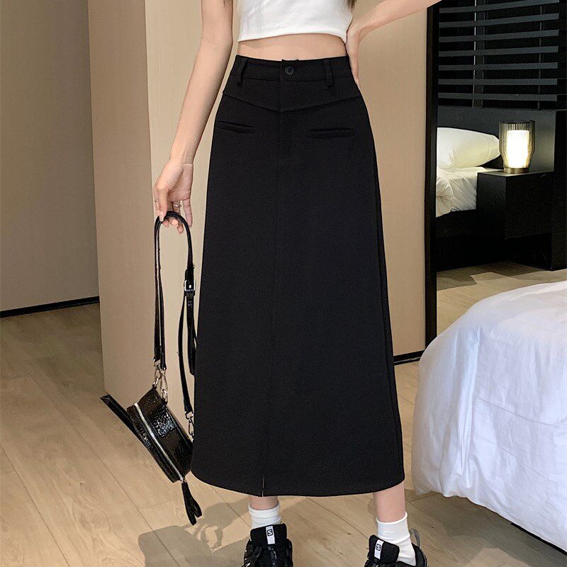 胖M胯大遮肚长裙子女夏前开叉西装直筒中长款大码小众工装半身裙