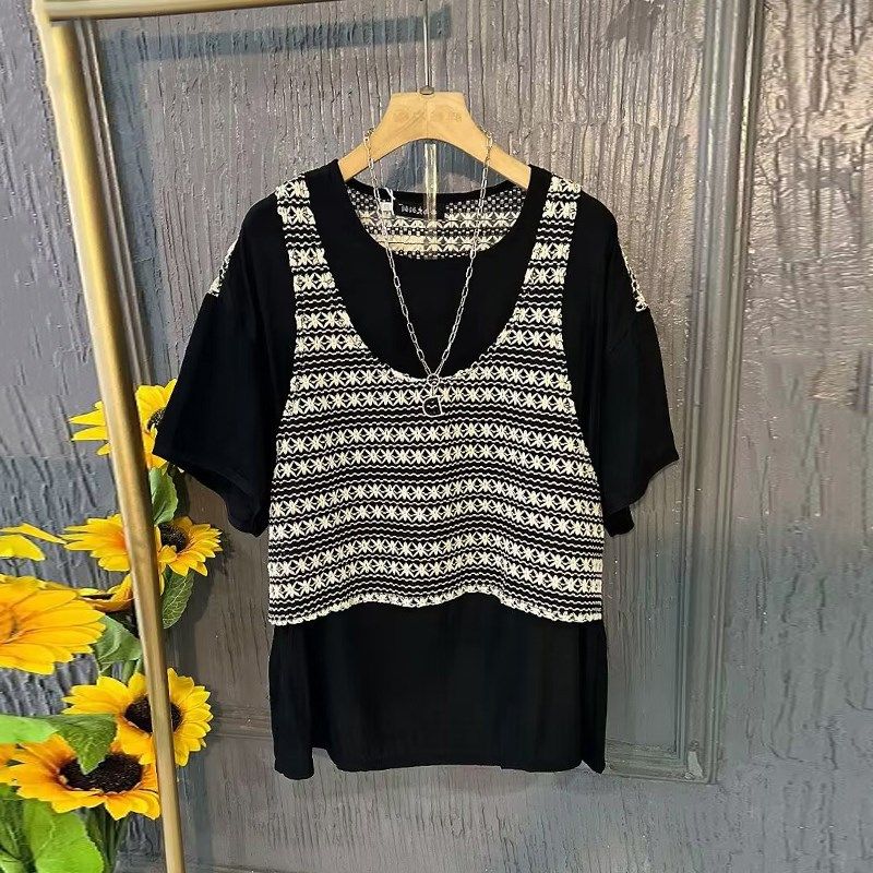 胖妹妹宽松夏季款短袖T恤衫大码女装拼接马甲镂空花纹假两件上衣,女装/女士精品,大码内搭,淘宝优惠券,粉丝福利购,淘宝优惠卷