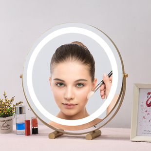 米卡化妆镜台式led带灯网红宿舍充电少女圆形镜子桌面大号梳妆镜