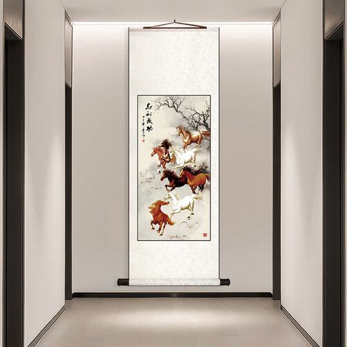 徐悲鸿马到成功新中式客厅玄关装饰画卷轴字画中国风书房办公室挂