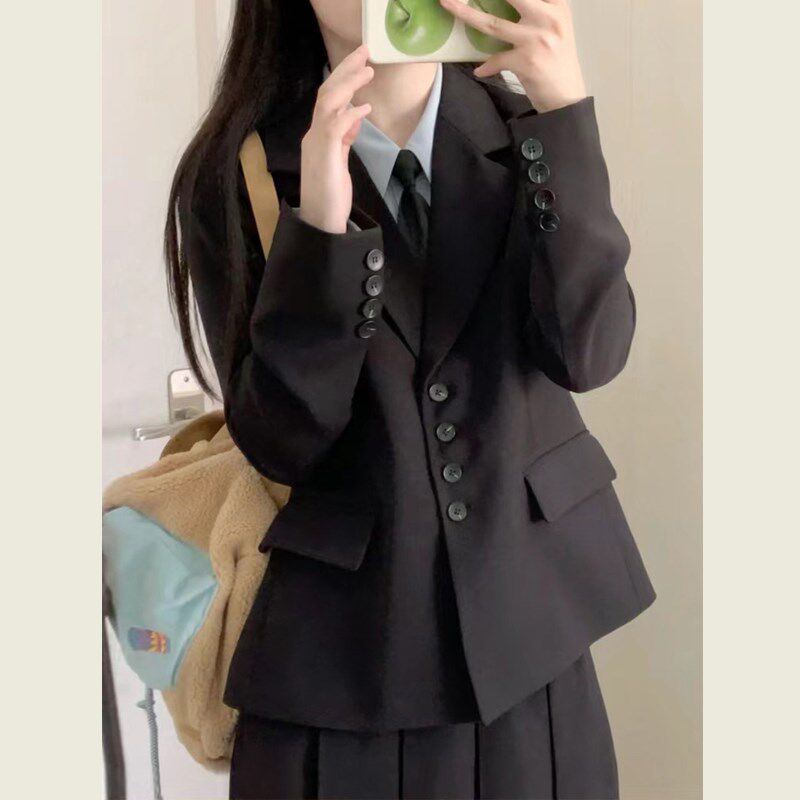 黑色西装外套女春秋新款大学生面试正装小个子西服正式场合套装裙