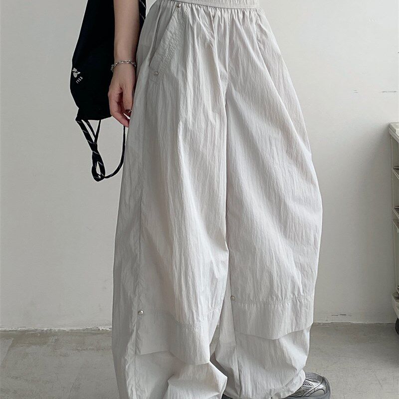 sun柚 抽绳束脚工装休闲裤女夏款薄款设计感褶皱宽松裤美式长裤子