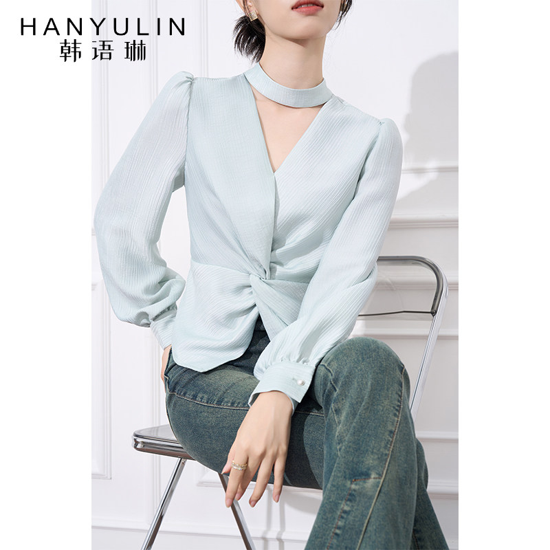 绿色长袖衬衫2024新款女轻奢高级感法式气质春秋短款小众V领上衣