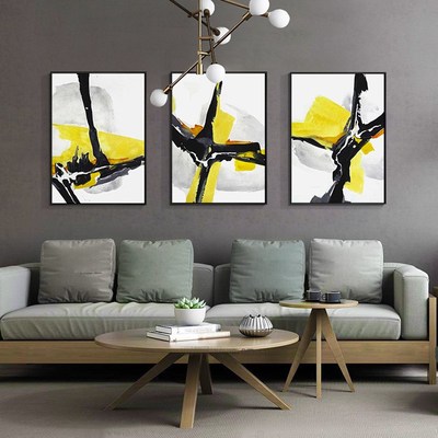 客厅沙发背景墙装饰三连画欧式黄色抽象油画入门玄关装饰画过道画
