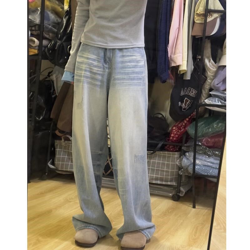 梨形身材窄版直筒牛仔裤女秋冬新款大码胖妹妹mm宽松显瘦阔腿长裤