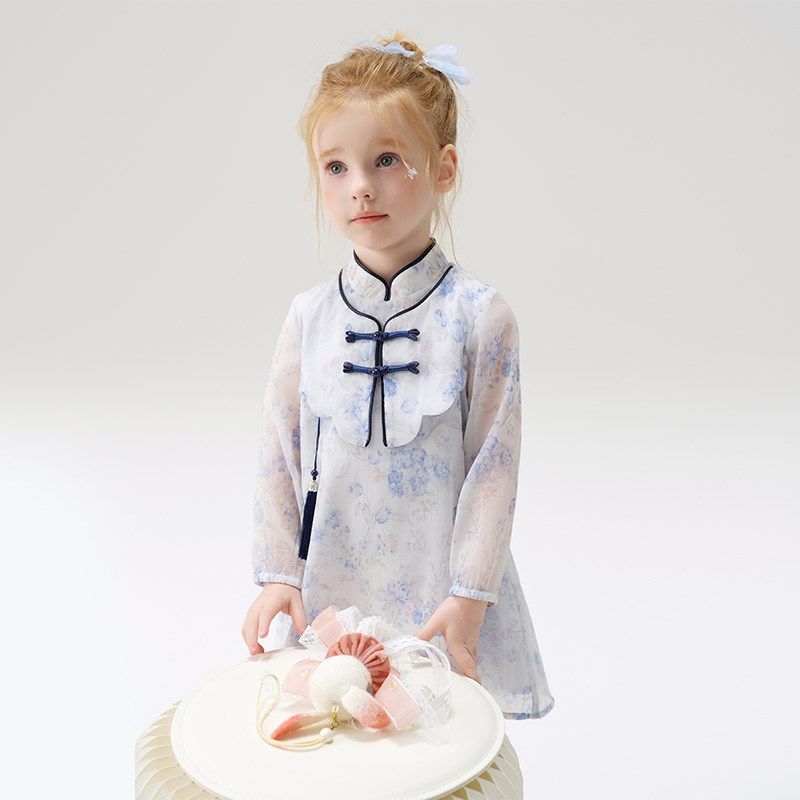 女童国风改良旗袍盘扣连衣裙春季2024新款女宝宝新中式长袖公主裙