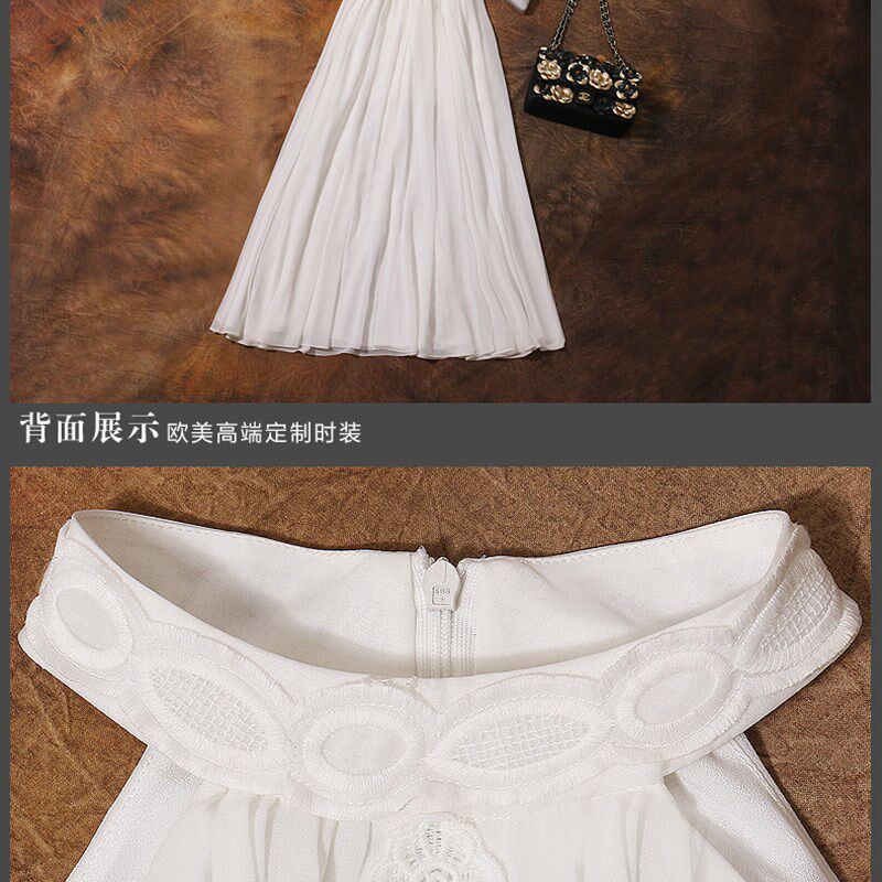 2916#欧美时尚性感挂脖露肩雪纺蕾丝礼服长裙度假长款连衣裙女