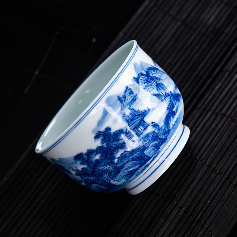 民间艺人手绘山林名宿青花瓷主人杯单杯景德镇陶瓷功夫茶杯品茗杯