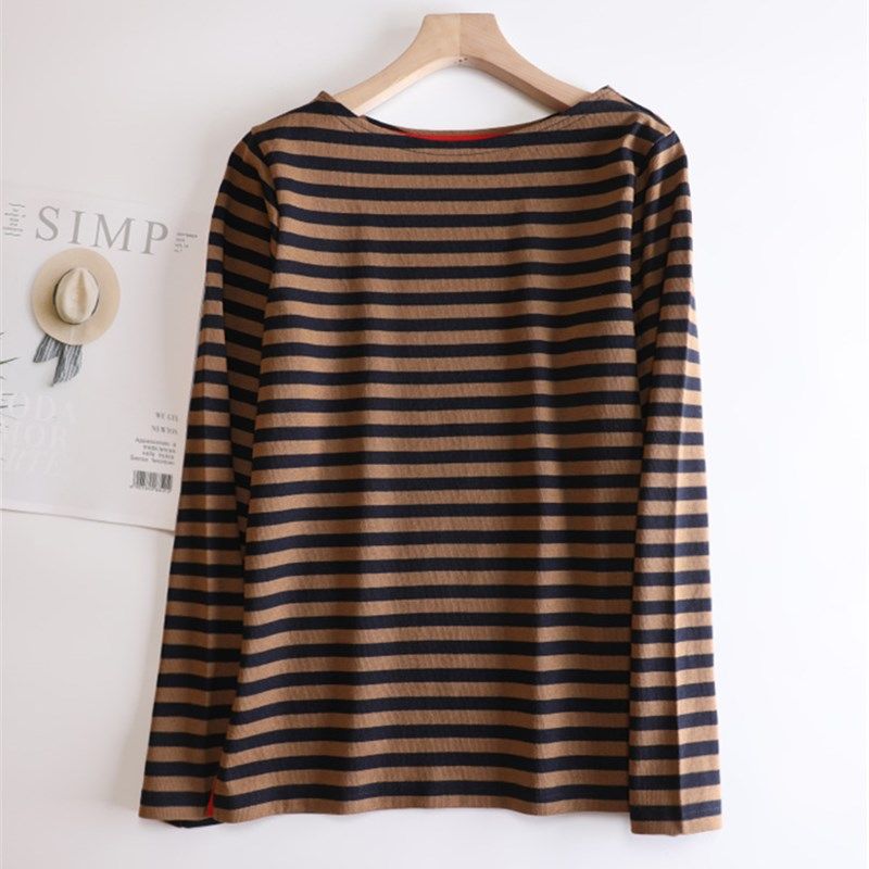 日单一字领纯棉黑白条纹t恤女长袖宽松大码打底衫春秋厚实挺阔