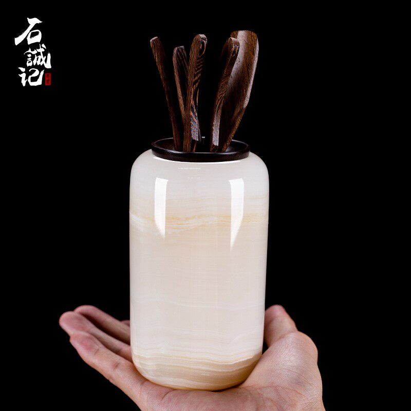 石诚记茶道六君子玉石毛笔筒中式高档复古创意茶筒功夫茶具六件套