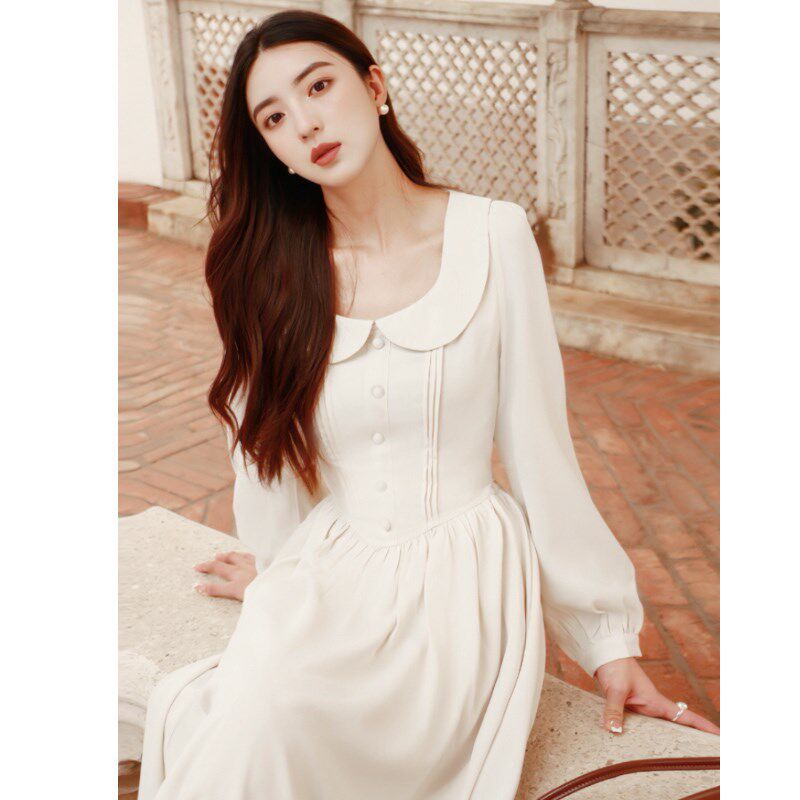 秋季新款法式长袖衬衫连衣裙收腰娃娃领复古学院风中长裙子气质女