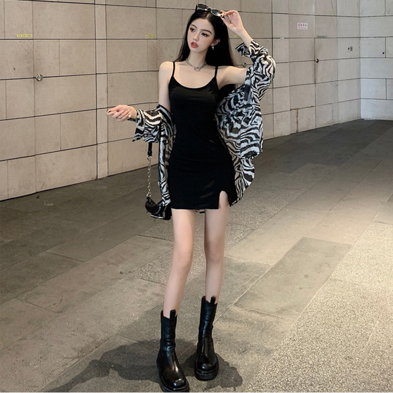 纯棉黑色吊带开叉裙女夏季新款大码短款小个子显瘦内搭性感连衣裙