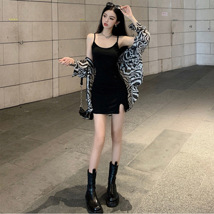 纯棉黑色吊带开叉裙女夏季新款大码短款小个子显瘦内搭性感连衣裙