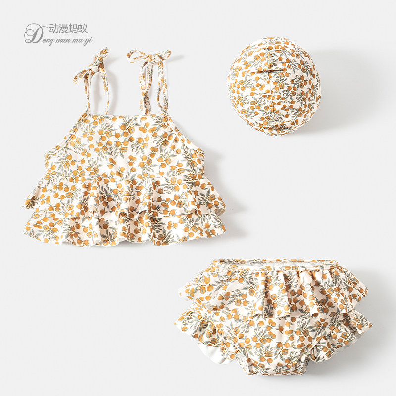 女童泳衣分体吊带度假碎花女宝宝比基尼可爱荷叶边小女孩泳装套装