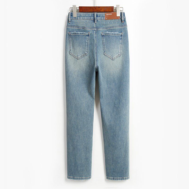 浅蓝色直筒牛仔裤女小个子2025年春季新款修身显瘦弹力九分烟管裤