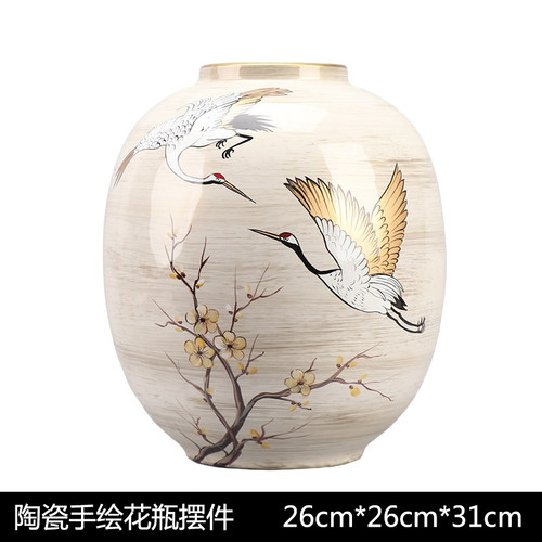 新中式创意手绘桃花仙鹤陶瓷装饰品客厅餐桌酒柜摆设插花花瓶摆件