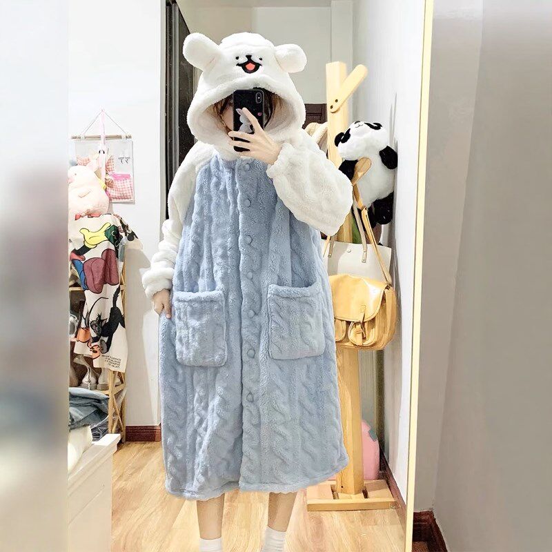 线条狗珊瑚绒睡衣女冬季情侣长款连帽睡袍加厚可爱学生家居服套装