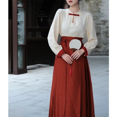 鹿与玫瑰新中式马面裙改良汉服国风气质复古红色半身裙子套装夏季