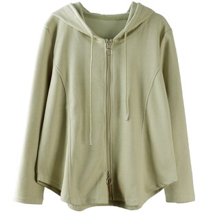 大码薄款卫衣女胖mm长袖T恤春装2024新款宽松双拉链连帽外套上衣