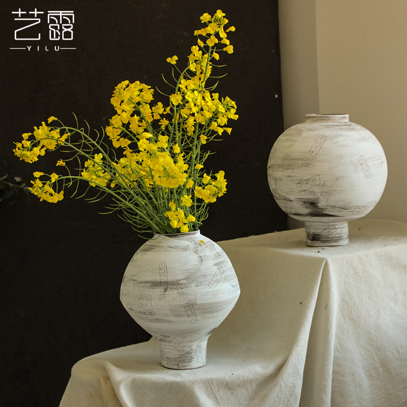 粗陶白色复古花瓶客厅插干花瓷瓶日式侘寂风装饰花器禅意陶瓷摆件