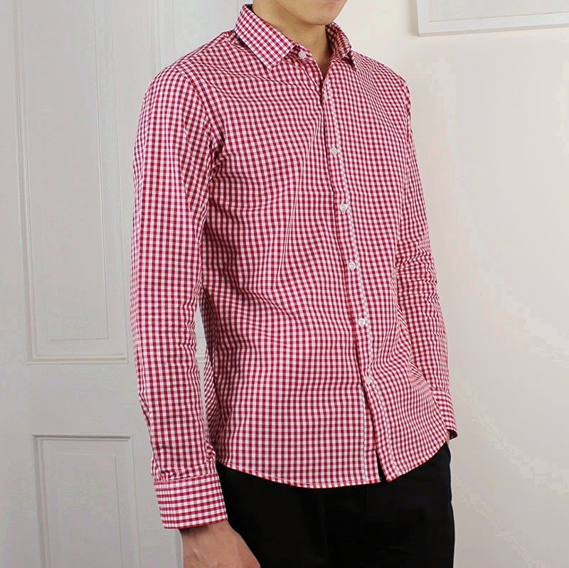 小格子衬衫男长袖红色蓝色黑白衬衣男生纯棉全男士装细休闲清新款