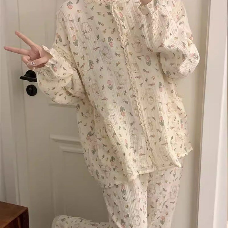 纯棉纱布小兔子睡衣女春秋季甜美可爱少女长袖长裤圆领家居服套装,女士内衣/男士内衣/家居服,睡衣/家居服套装,淘宝优惠券,粉丝福利购,淘宝优惠卷