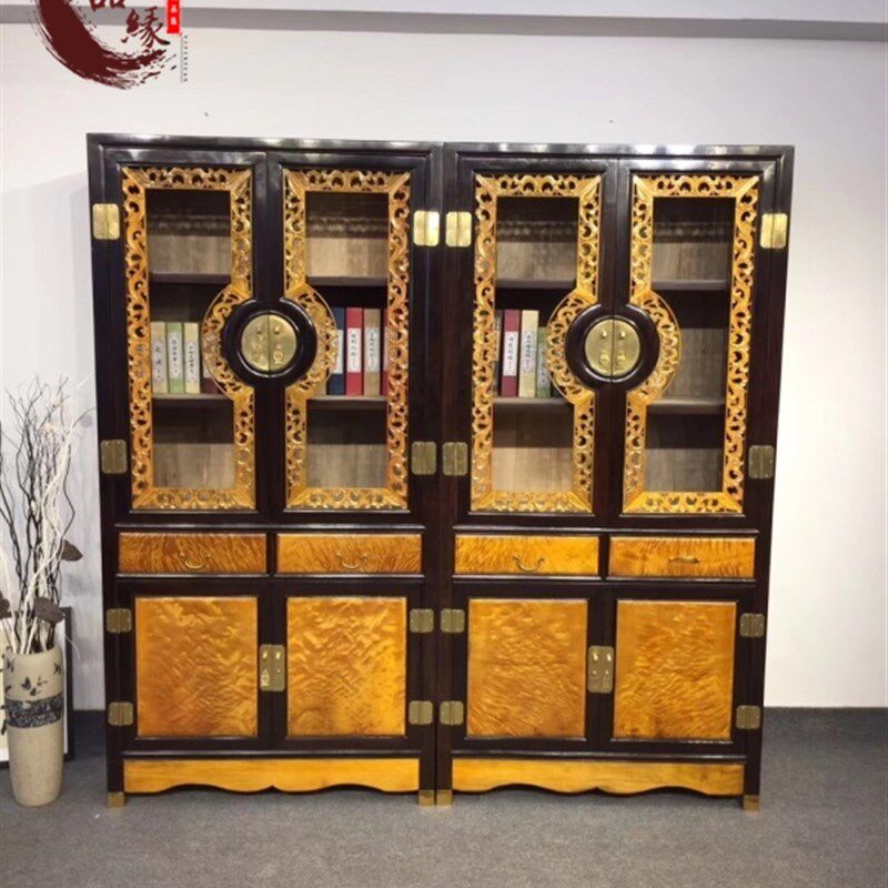 黑檀配金丝楠书柜两件套组合书房摆件红木家具实木原木楠木家具