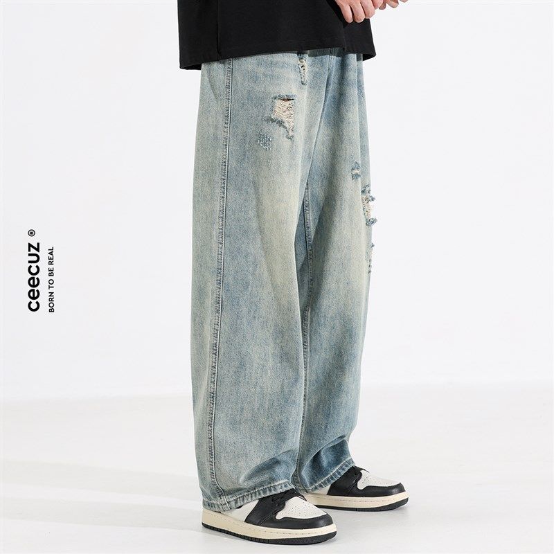 Ceecuz浅色做旧破洞牛仔裤男夏季新款黄泥水洗复古直筒阔腿长裤子,男装,牛仔裤,淘宝优惠券,粉丝福利购,淘宝优惠卷
