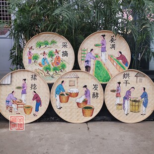 簸箕画手绘竹编茶室背景墙装饰画茶道茶庄挂画茶楼茶馆茶文化墙面
